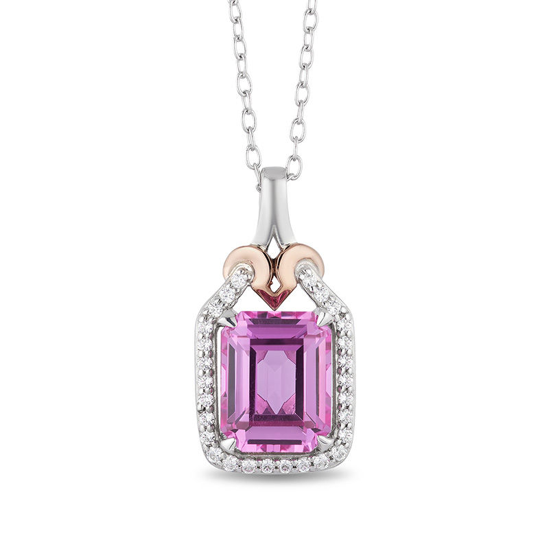 Main Image 1 of Enchanted Disney Aurora Pink Topaz and 1/8 CT. T.W. Diamond Crown Pendant in Sterling Silver and 10K Rose Gold - 19"