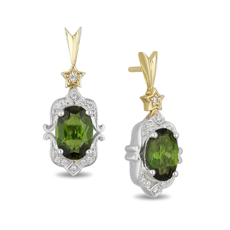 Main Image 1 of Enchanted Disney Tinker Bell Oval Green Topaz and 1/10 CT. T.W. Diamond Drop Earrings in Sterling Silver and 10K Gold