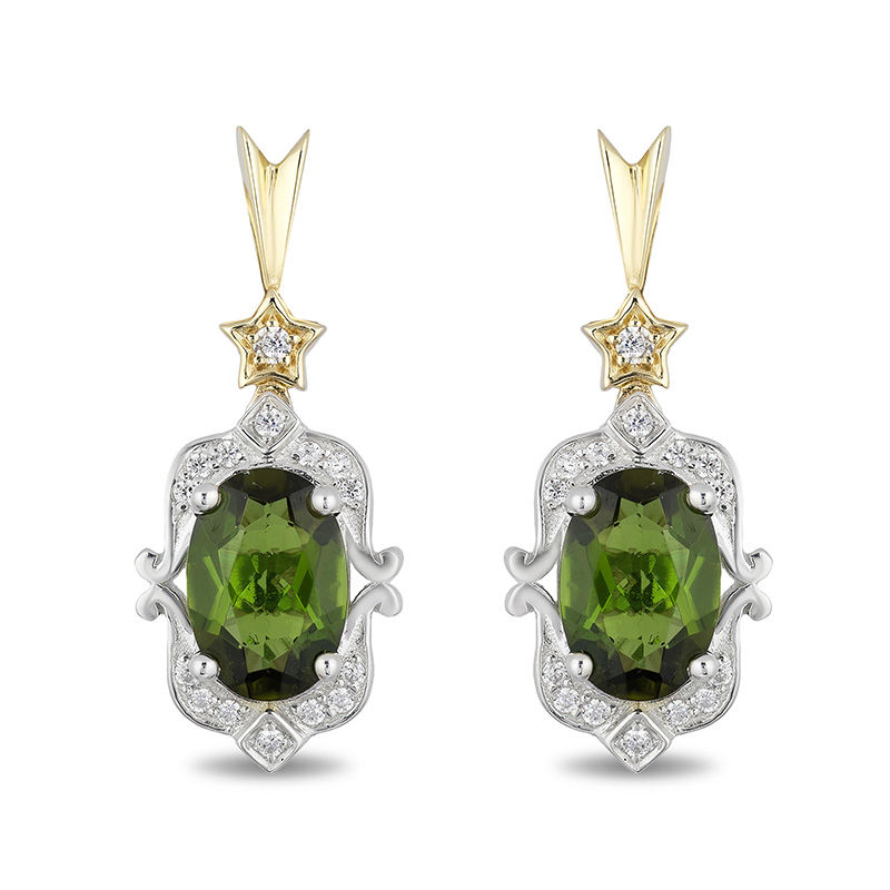 Main Image 2 of Enchanted Disney Tinker Bell Oval Green Topaz and 1/10 CT. T.W. Diamond Drop Earrings in Sterling Silver and 10K Gold