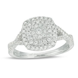 1/2 CT. T.W. Diamond Triple Cushion Frame Crossover Shank Engagement Ring in 10K White Gold