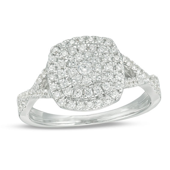 1/2 CT. T.w. Diamond Triple Cushion Frame Crossover Shank Engagement Ring in 10K White Gold