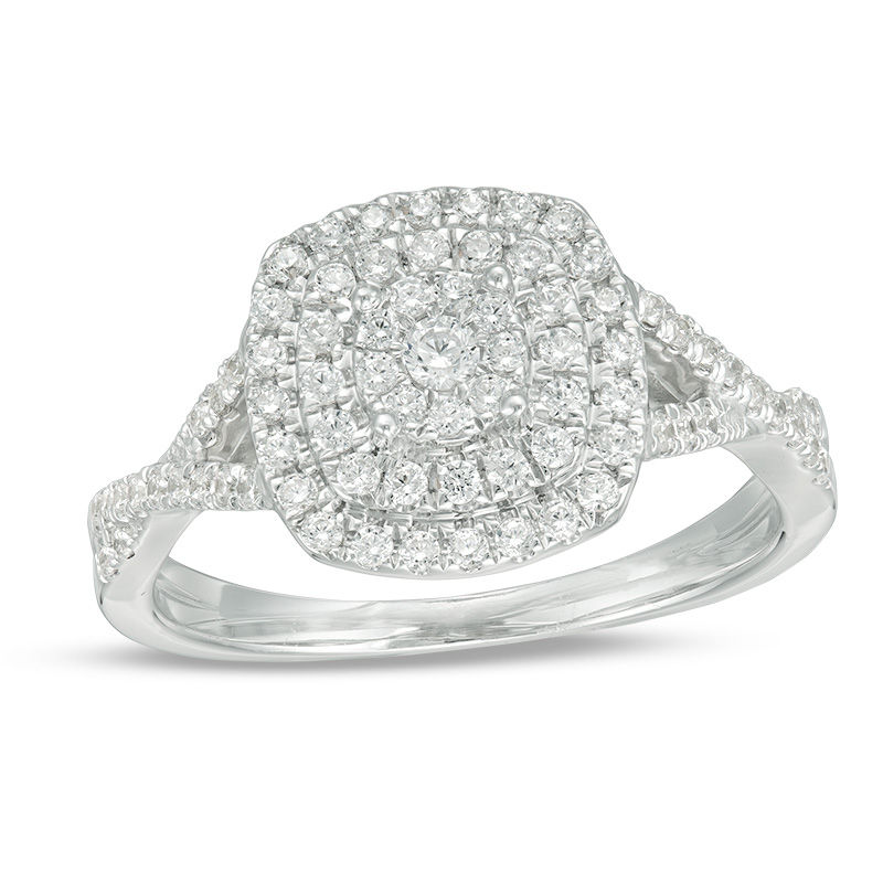 Main Image 1 of 1/2 CT. T.W. Diamond Triple Cushion Frame Crossover Shank Engagement Ring in 10K White Gold