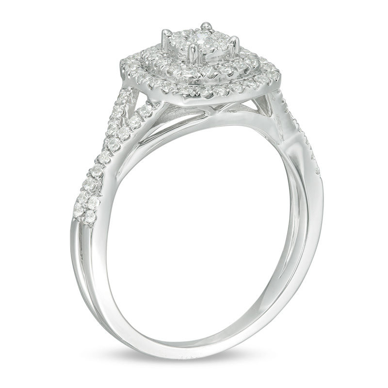 Main Image 3 of 1/2 CT. T.W. Diamond Triple Cushion Frame Crossover Shank Engagement Ring in 10K White Gold