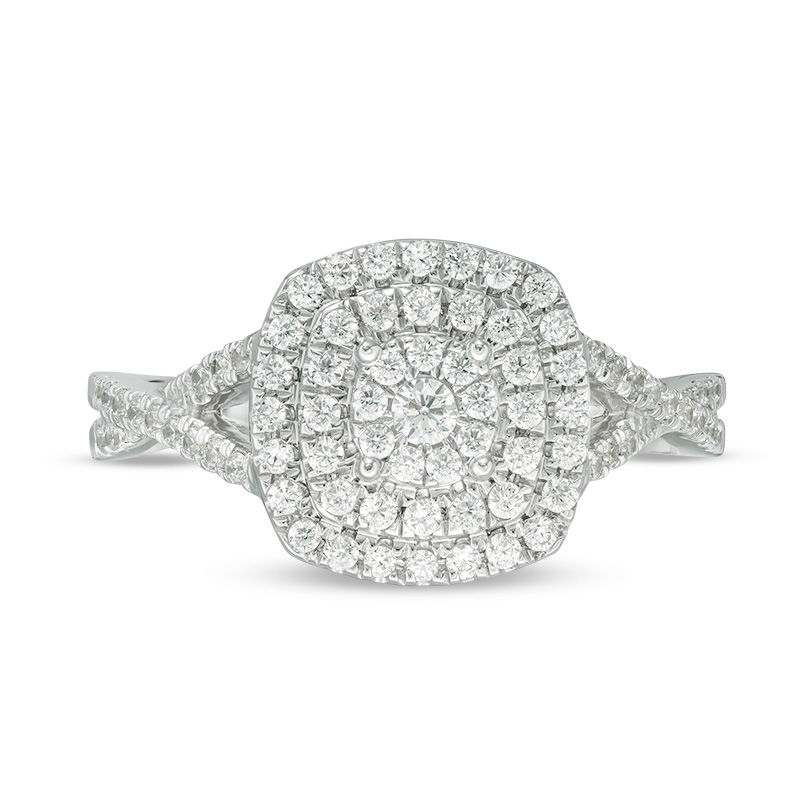 Main Image 4 of 1/2 CT. T.W. Diamond Triple Cushion Frame Crossover Shank Engagement Ring in 10K White Gold