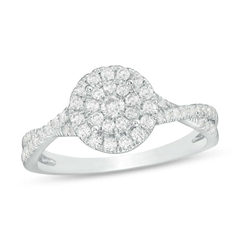 Main Image 1 of 1/2 CT. T.W. Diamond Double Frame Crossover Shank Engagement Ring in 10K White Gold