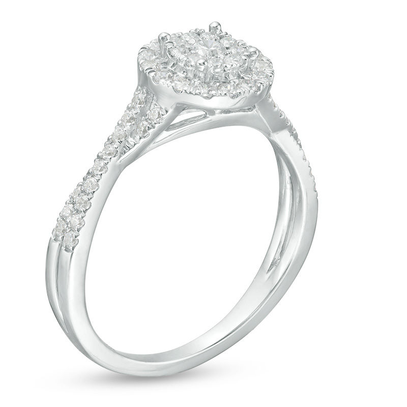 Main Image 3 of 1/2 CT. T.W. Diamond Double Frame Crossover Shank Engagement Ring in 10K White Gold