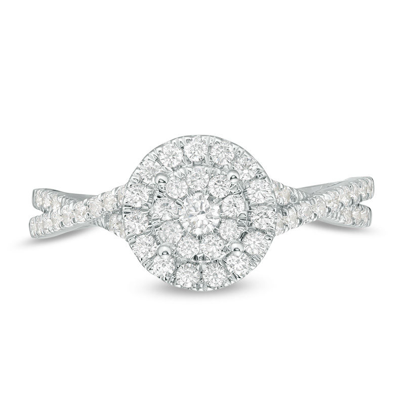 Main Image 4 of 1/2 CT. T.W. Diamond Double Frame Crossover Shank Engagement Ring in 10K White Gold