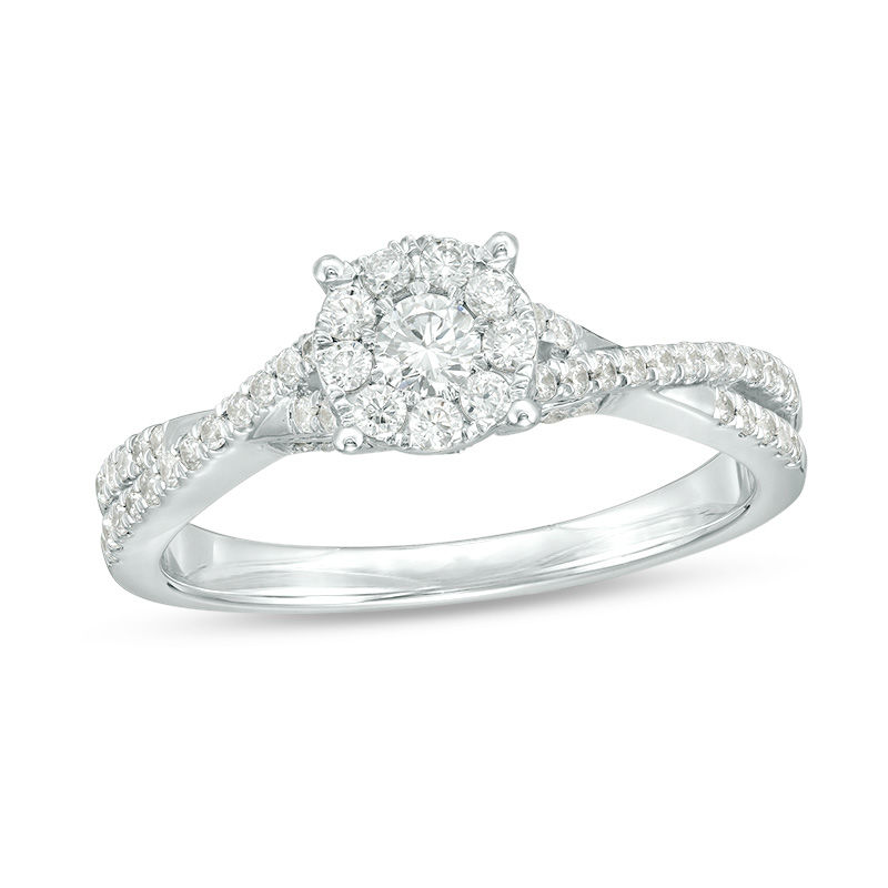Main Image 1 of 1/2 CT. T.W. Diamond Frame Crossover Shank Engagement Ring in 10K White Gold