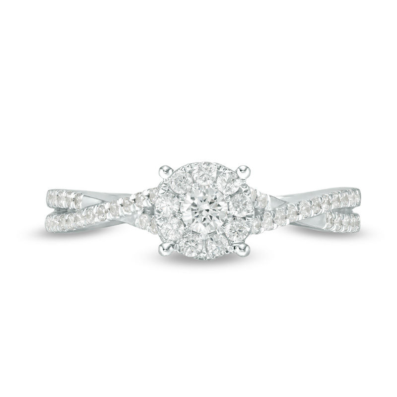 Main Image 4 of 1/2 CT. T.W. Diamond Frame Crossover Shank Engagement Ring in 10K White Gold