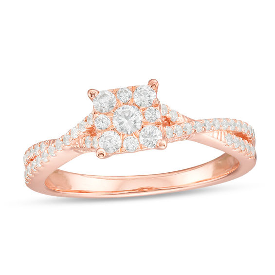 1/2 CT. T.w. Diamond Square Frame Crossover Shank Engagement Ring in 10K Rose Gold