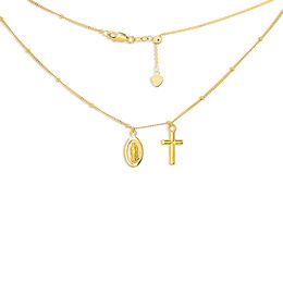 Virgin Mary and Cross Dangle Charm Bead Choker Necklace in 14K Gold - 16&quot;
