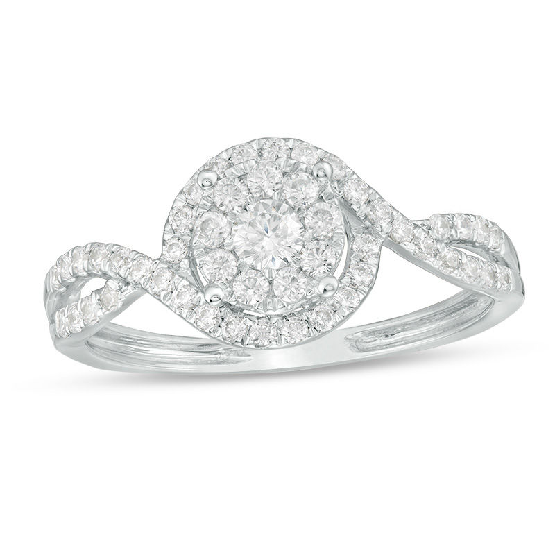 Main Image 1 of 1/2 CT. T.W. Diamond Frame Swirl Bypass Engagement Ring in 10K White Gold