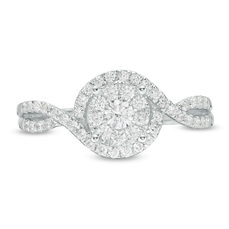 Main Image 4 of 1/2 CT. T.W. Diamond Frame Swirl Bypass Engagement Ring in 10K White Gold