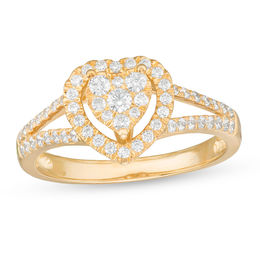 1/2 CT. T.W. Composite Diamond Heart Frame Split Shank Engagement Ring in 10K Gold