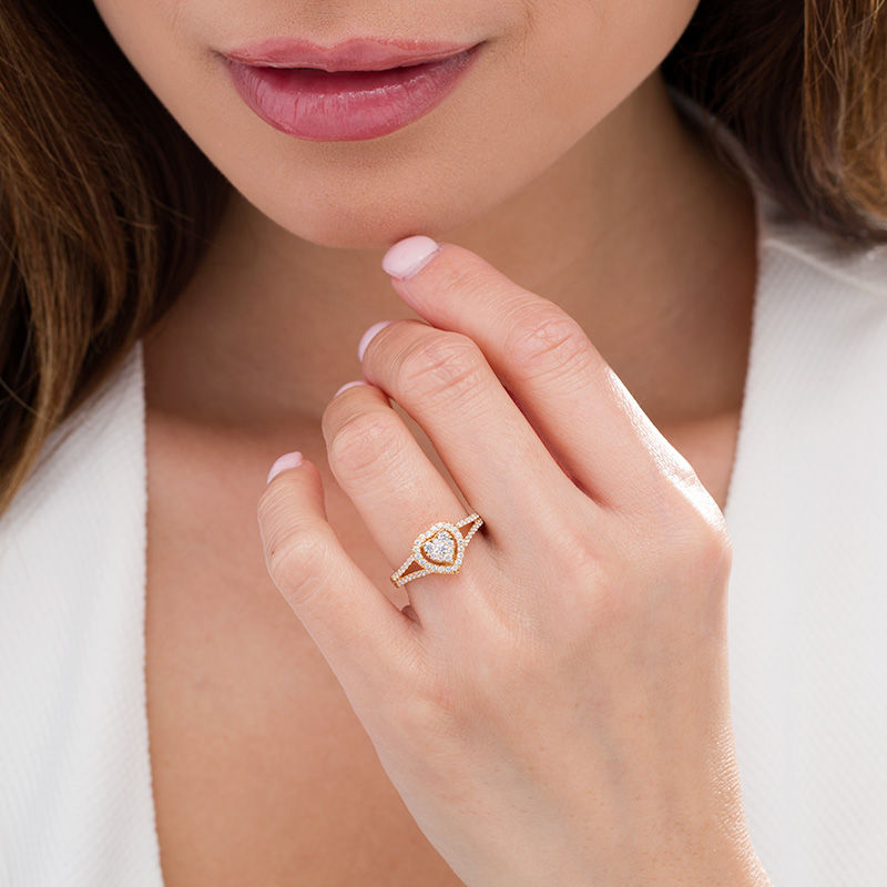 Main Image 2 of 1/2 CT. T.W. Composite Diamond Heart Frame Split Shank Engagement Ring in 10K Gold