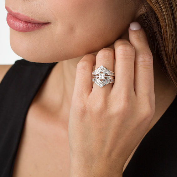 1-1/2 CT. T.w. Baguette and Round Diamond Chevron Solitaire Enhancer in 14K White Gold