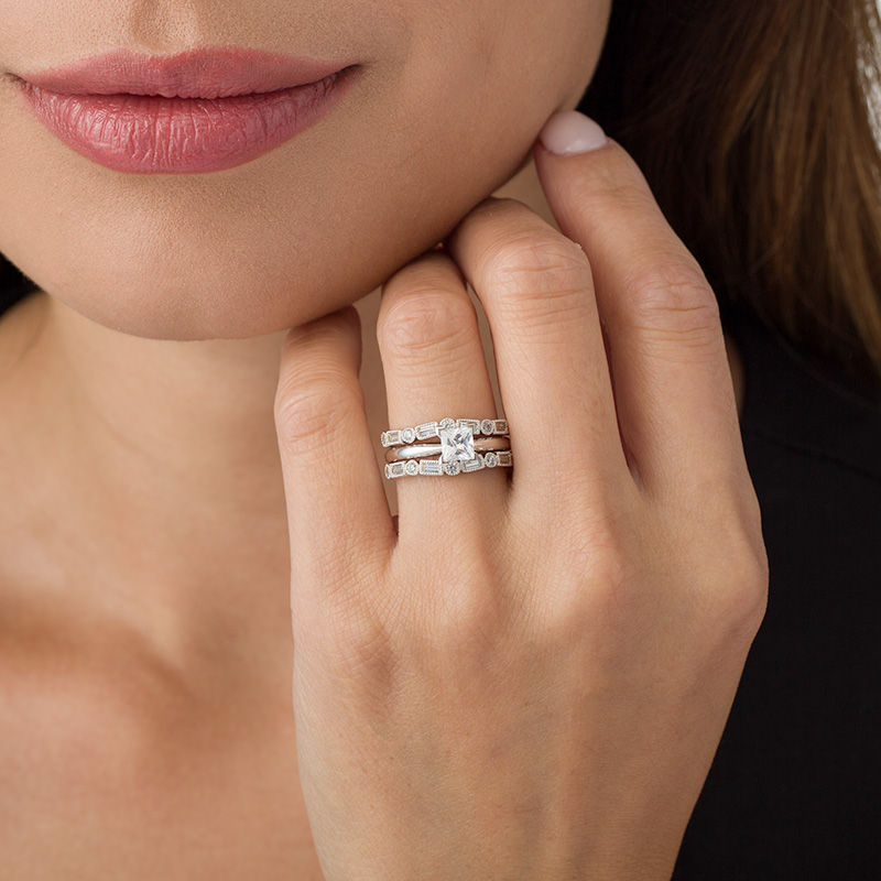 Main Image 3 of 1/2 CT. T.W. Baguette and Round Diamond Alternating Art Deco Vintage-Style Solitaire Enhancer in 10K White Gold