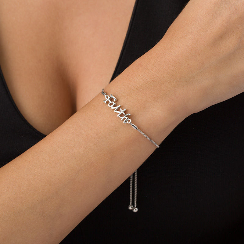 Main Image 2 of Diamond Accent "Faith" Bolo Bracelet in Sterling Silver - 9.5"
