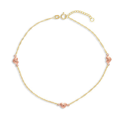 14K Two-Tone Gold Puffed Hearts Anklet Bracelet 10