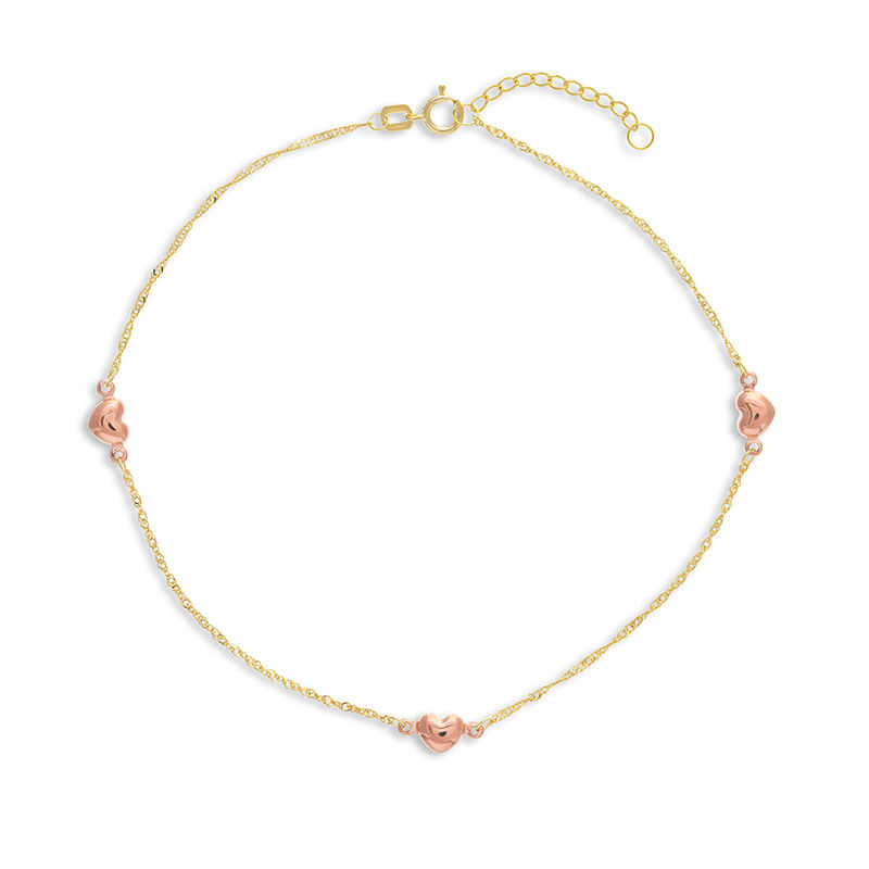 Puff Heart Station Anklet in 14K Two-Tone Gold - 10"