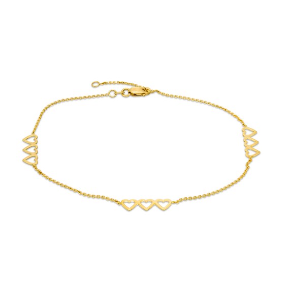 Triple Heart Station Anklet in 14K Gold - 10"