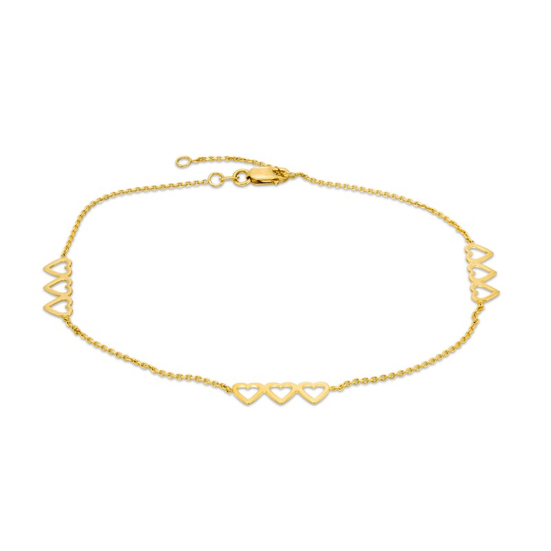 Main Image 1 of Triple Heart Station Anklet in 14K Gold - 10"
