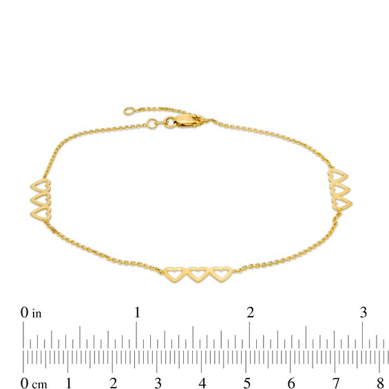 Triple Heart Station Anklet in 14K Gold - 10"