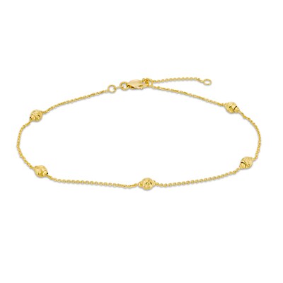 14k Yellow White and Rose Gold Tri-Color Diamond Cut Bead Station Anklet 10 Inches 