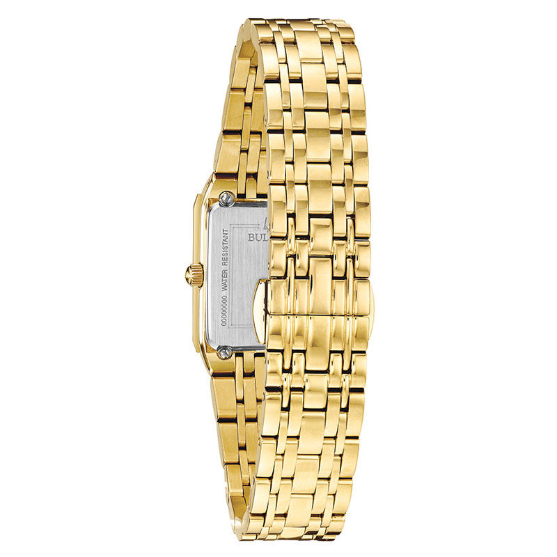 Ladies' Bulova Modern Diamond Accent Gold-Tone Watch with Rectangular Black Dial (Model: 97P135)