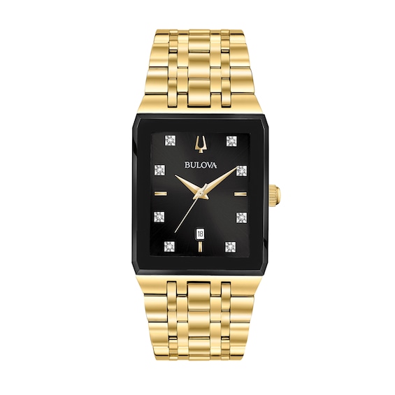 Men's Bulova Modern Diamond Accent Gold-Tone Watch with Rectangular Black Dial (Model: 97D118)