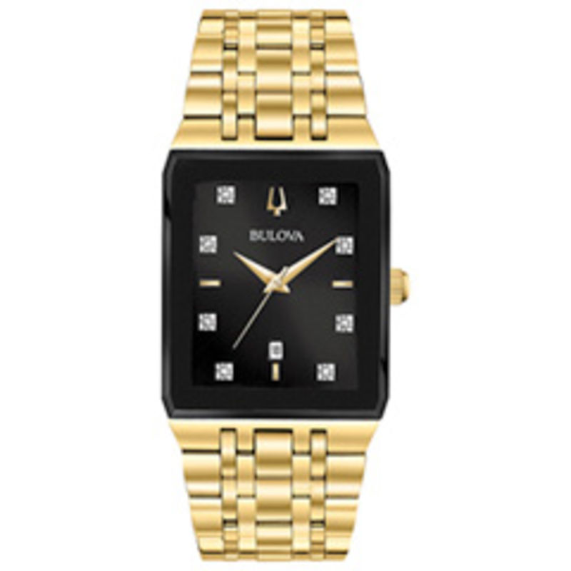 Men's Bulova Modern Diamond Accent Gold-Tone Watch with Rectangular Black Dial (Model: 97D118)