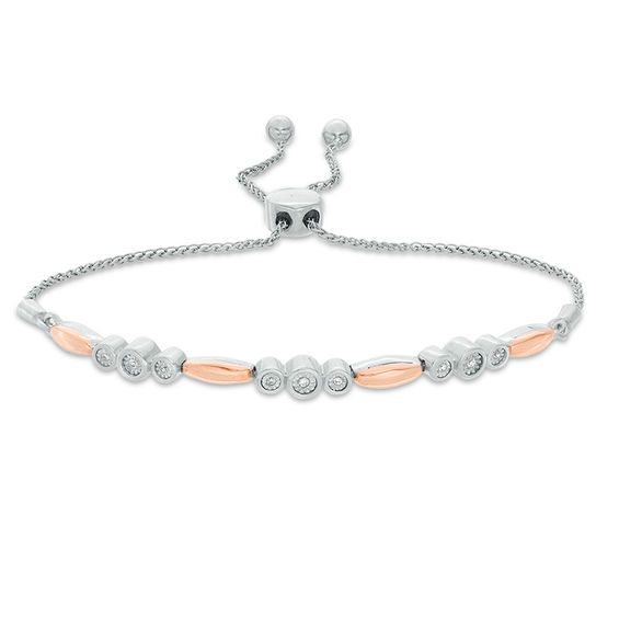 1/20 CT. T.w. Diamond Three Stone and Bar Station Bolo Bracelet in Sterling Silver and 10K Rose Gold - 9.5"