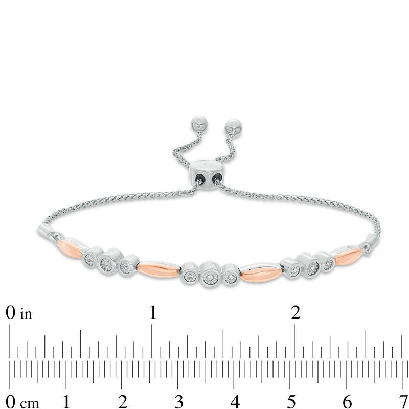 1/20 CT. T.W. Diamond Three Stone and Bar Station Bolo Bracelet in Sterling Silver and 10K Rose Gold - 9.5"