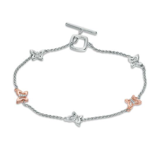1/20 CT. T.w. Diamond Open Butterfly Station Bracelet in Sterling Silver and 10K Rose Gold