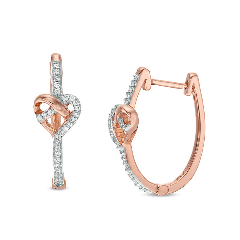 Main Image 1 of 1/8 CT. T.W. Diamond Heart Knot Hoop Earrings in 10K Rose Gold