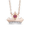 Thumbnail Image 1 of Enchanted Disney Aurora Pink Topaz and 1/20 CT. T.W. Diamond Crown Necklace in 10K Rose Gold