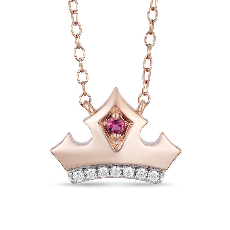 Main Image 1 of Enchanted Disney Aurora Pink Topaz and 1/20 CT. T.W. Diamond Crown Necklace in 10K Rose Gold