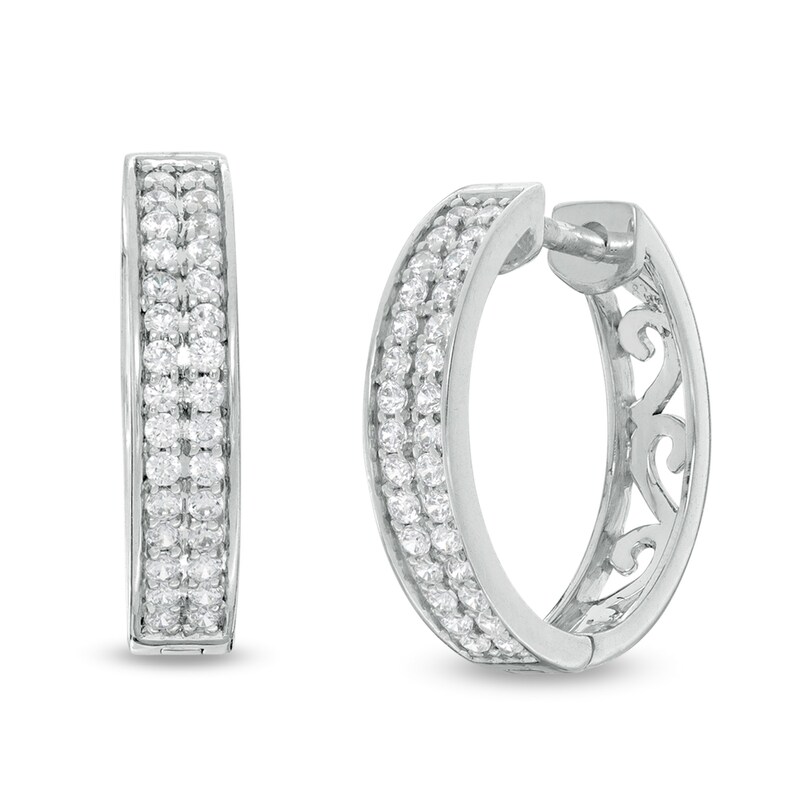 Main Image 1 of 3/8 CT. T.W. Diamond Double Row Hoop Earrings in 10K White Gold