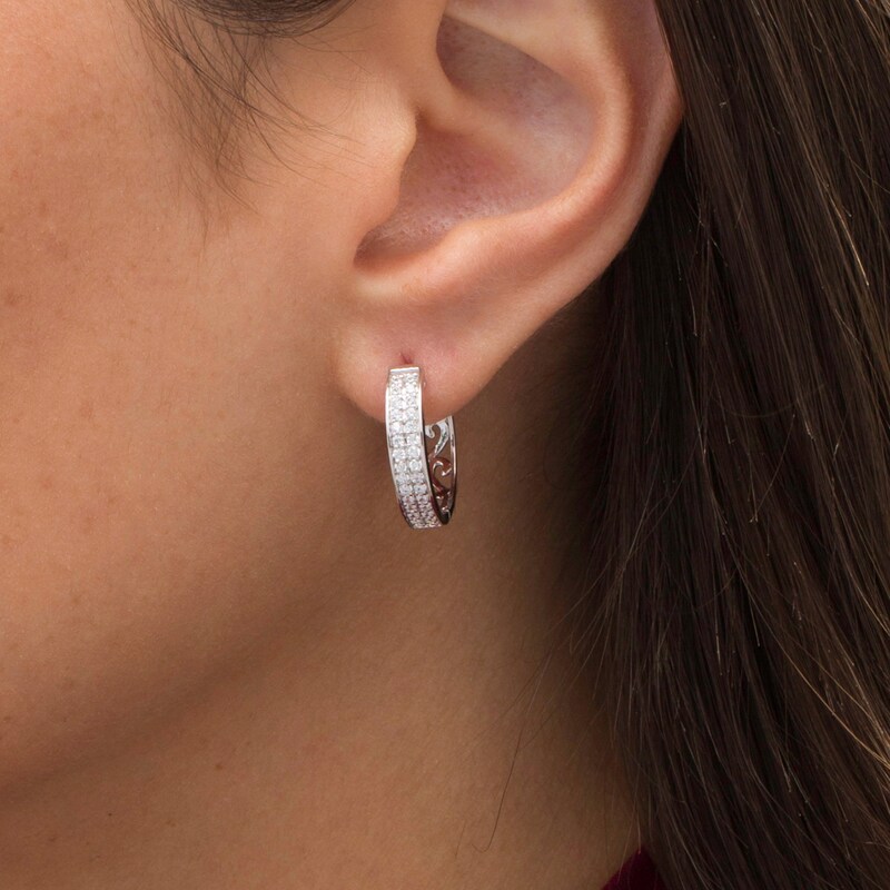 Main Image 2 of 3/8 CT. T.W. Diamond Double Row Hoop Earrings in 10K White Gold