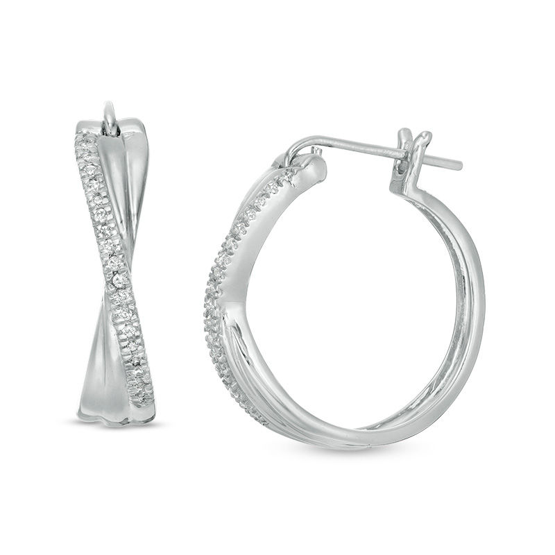 Main Image 1 of 1/10 CT. T.W. Diamond Crossover Hoop Earrings in 10K White Gold