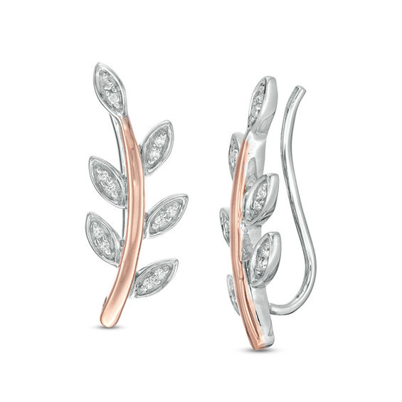 1/20 CT. T.w. Diamond Leaf Vine Crawler Earrings in Sterling Silver and 10K Rose Gold