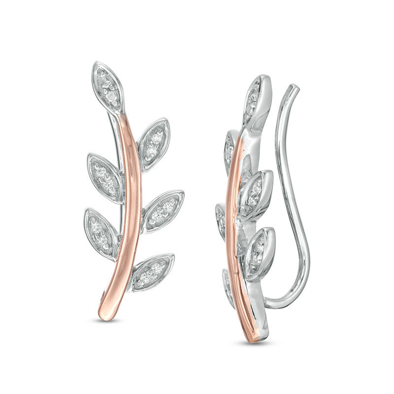 Main Image 1 of 1/20 CT. T.W. Diamond Leaf Vine Crawler Earrings in Sterling Silver and 10K Rose Gold