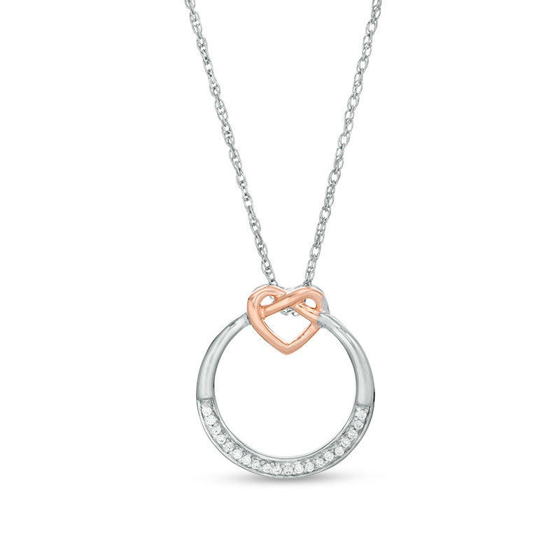 Main Image 1 of 1/20 CT. T.W. Diamond Open Circle Heart Knot Pendant in Sterling Silver and 10K Rose Gold