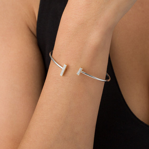 1/8 CT. T.w. Diamond Double-Bar Open Flex Bangle in Sterling Silver and 10K Gold