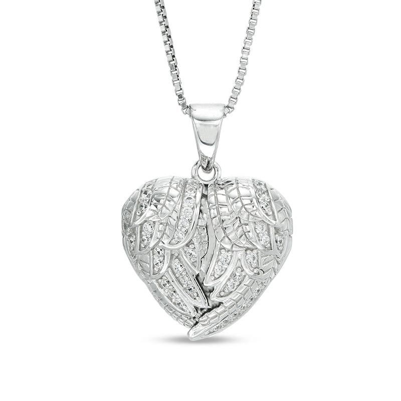 Main Image 1 of White Lab-Created Sapphire Angel Wings Heart Locket in Sterling Silver