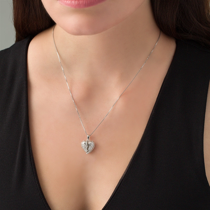 Main Image 2 of White Lab-Created Sapphire Angel Wings Heart Locket in Sterling Silver