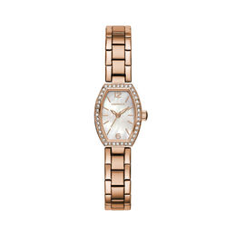 Ladies' Caravelle by Bulova Crystal Accent Rose-Tone Watch with Tonneau Mother-of-Pearl Dial (Model: 44L242)