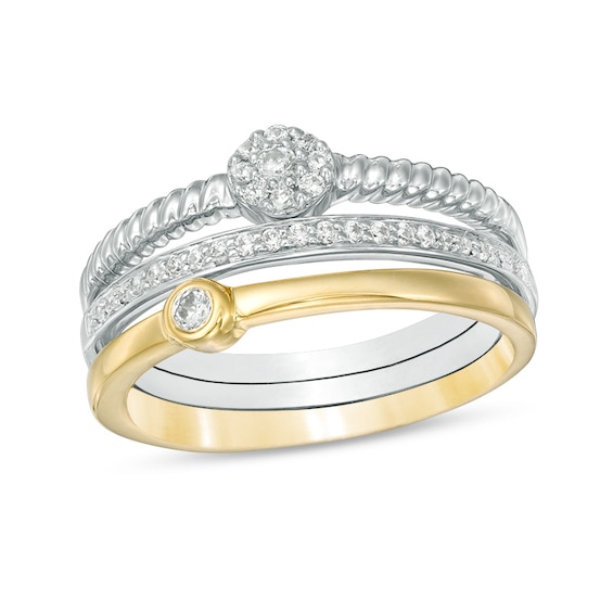 Convertibilities 1/5 CT. T.w. Diamond Rope Twist Three Piece Stackable Band Set in Sterling Silver and 10K Gold