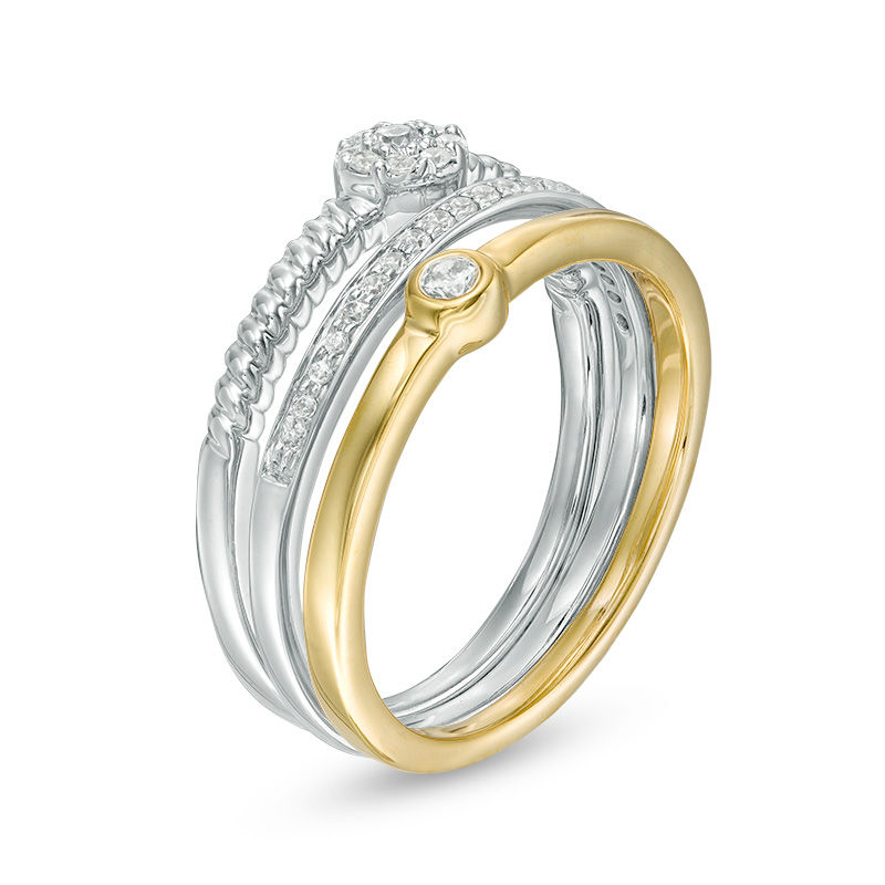 Main Image 2 of Convertibilities 1/5 CT. T.W. Diamond Rope Twist Three Piece Stackable Band Set in Sterling Silver and 10K Gold
