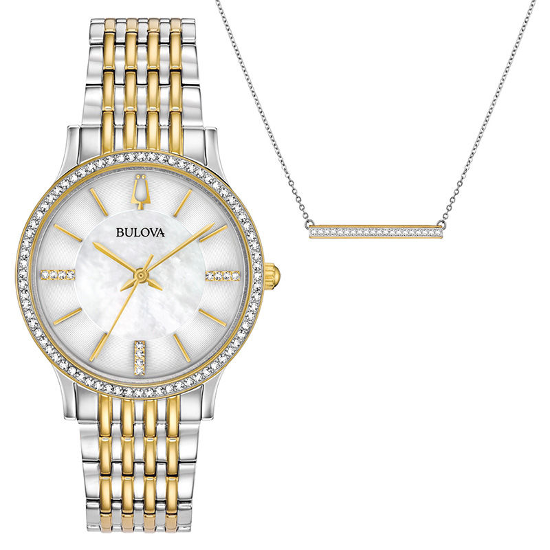 Ladies' Bulova Crystal Accent Two-Tone Watch and Necklace Boxed Set (Model: 98X118)